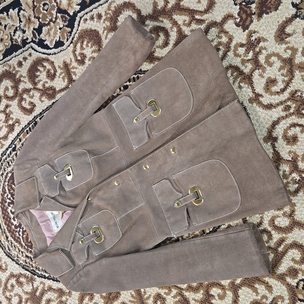 Irving Posluns 1970s Suede Coat Leather Jacket with Gold Hardware 70s Retro Fall - Picture 8 of 16